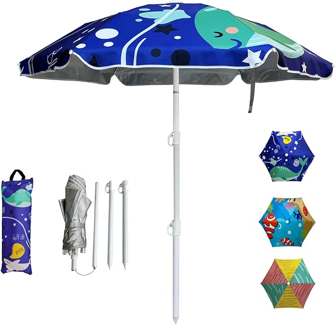 LOTTAFUN Water Table Umbrella Kid 5ft Beach Umbrella - Heavy Duty Wind Resistant UV 50+ Portable Sun Shade with Sand Anchor & Carry Bag, Outdoor Folding Umbrella for Beach,Pool,Patio,Garden (Dophin)