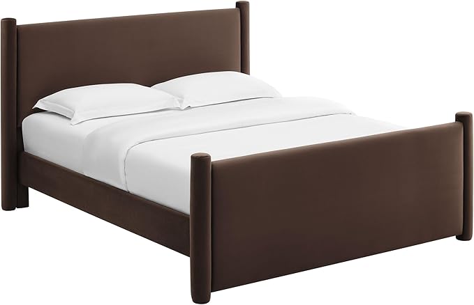 Modway Rael King Platform Bed Frame with Upholstered Headboard and Footboard in Chocolate Brown – Stain-Resistant Performance Velvet King Size Bed with Rounded Posts