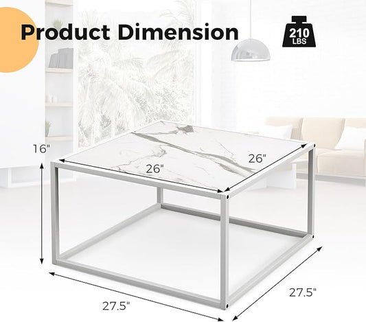 Giantex Square Coffee Table with Faux Marble Tabletop & Steel Frame, Center Cocktail Table, Accent Living Room Furniture, Low Bedside Table, Easy Assembly (White)