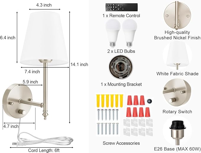 Wall Sconces Set of Two with Remote Control, Dimmable, Adjustable Colors 2700-6500K, Plug in Wall Sconces with White Fabric Shades, Plug in Wall Light, Brushed Nickel