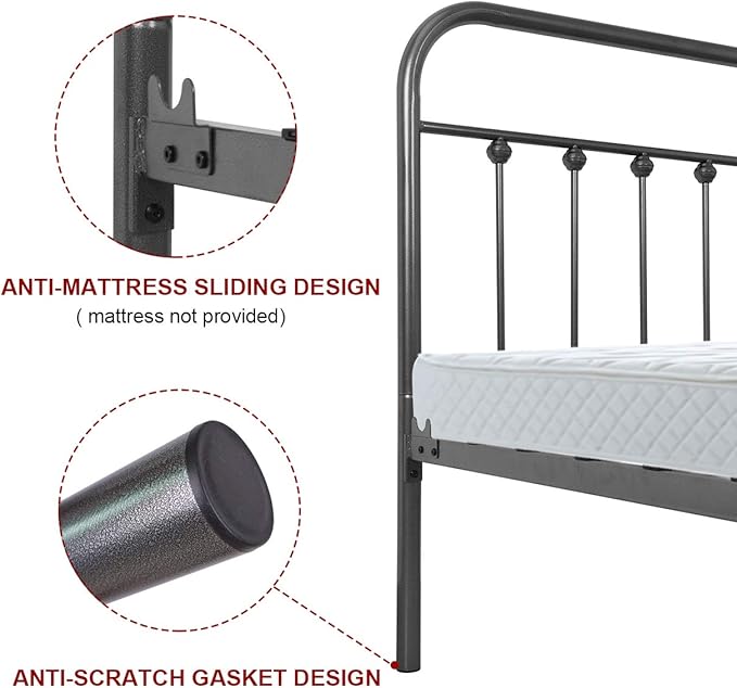 NEEBIRGELIA Metal Bed Frame Queen Size with Headboard and Footboard Single Platform Mattress Base,Metal Tube and Iron-Art Bed（Queen,Gray Silver）