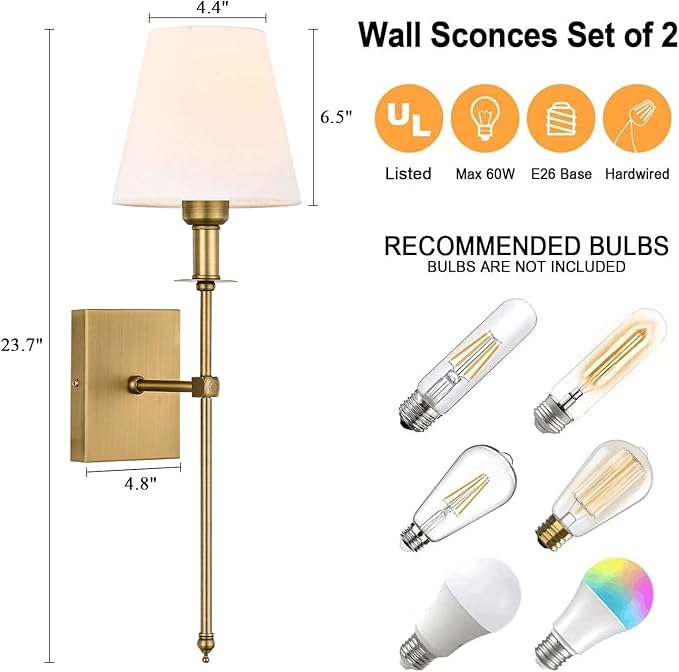 Pauwer Hardwired Wall Sconces Set of 2 - Professional Installation Required - White Fabric Shade Indoor Wall Lamp Column Stand Bedroom Bathroom Vanity Wall Light Fixture, Antique Brass