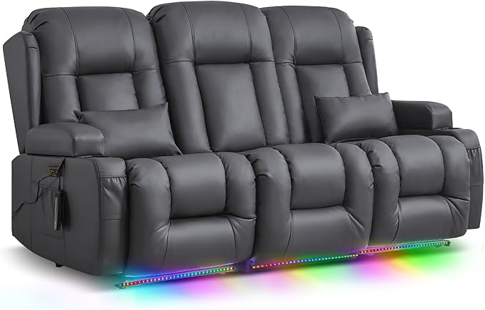 TUNYI Wall Hugger Loveseat Recliner Sofa with Console, Power Reclining Loveseat RV Couch with Massage & Heat/USB/Outlet/Storage/LED Light/Speaker (Light Grey, 3 Seat)