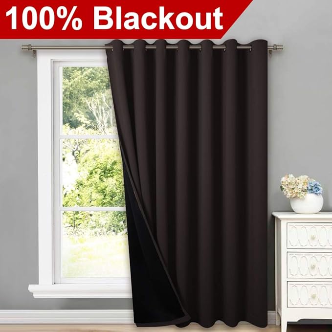 NICETOWN Extra Wide Patio Door Curtain, Super Heavy-Duty Thermal Sliding Glass Door Lined Drape, Privacy Assured 100% Blackout Window Treatment(Brown, 1 Panel, 100 inches W x 95 inches L)