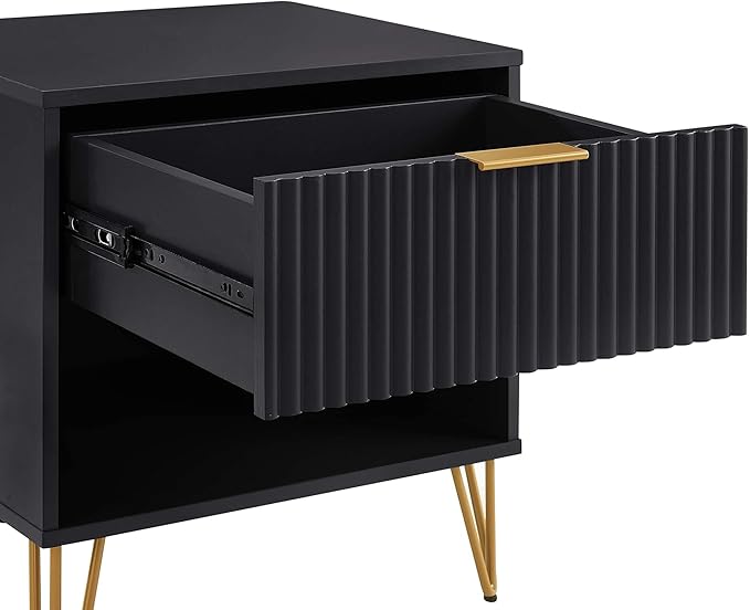 Manhattan Comfort Dumbo Fluted Nightstand with Drawer and Open Shelf, Gold Hairpin Legs and Metal Handle, Snap Tool-Free Assembly, Modern Bedside Accent Table for Bedroom, Office, Living Room in Black