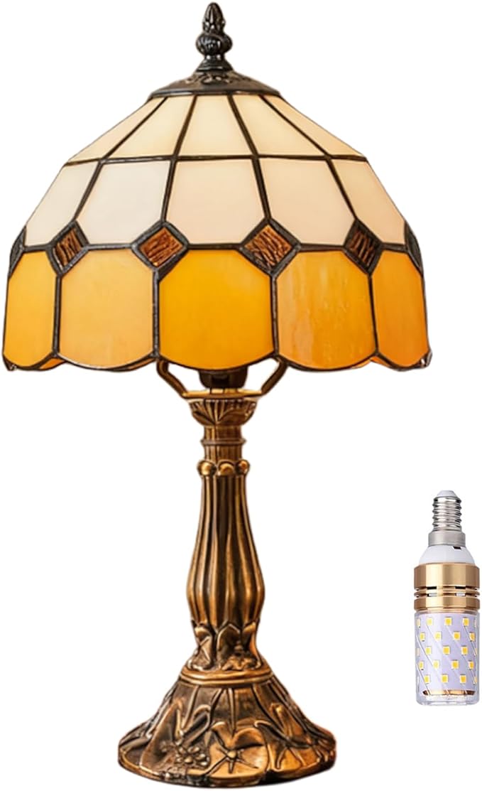 Table Lamp Tiffany-Style 8 Inch Mediterranean Series Stained Glass Lampshades Small Bedside Lamp Reading Antique Desk Light Livingroom Bedroom Office Vintage Art De(Color:Orange)
