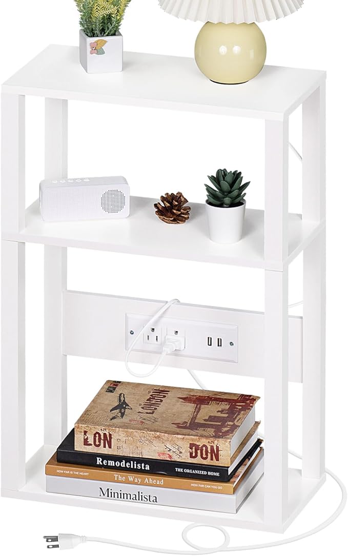 3-Tier Small Narrow Wood Side Table with Charging Station, Skinny Nightstand for Small Space, Slim Bedside Table with Storage for Couch, Thin End Table with USB Ports and Outlets, White