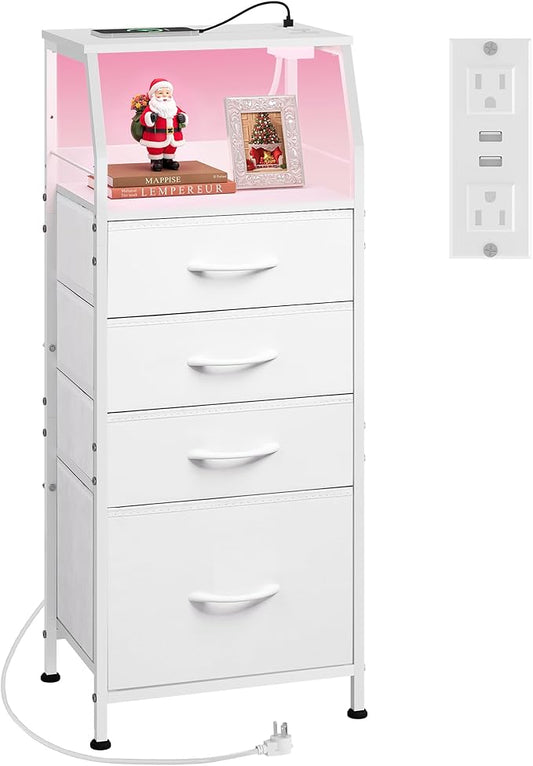 WLIVE Night Stand with Charger Station, White Nightstand with LED Light and 4 Storage Drawers, Tall Dresser for Bedroom, 37.48" H Bedside Table with Fabric Bins, Wood Shelf