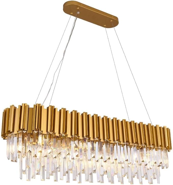 W43.3 Modern Crystal Chandelier - Luxury Pendant Ceiling Light for Dining Room, Kitchen Island, or Living Room - Oval Raindrop Contemporary Chandelier with Gold Finish.