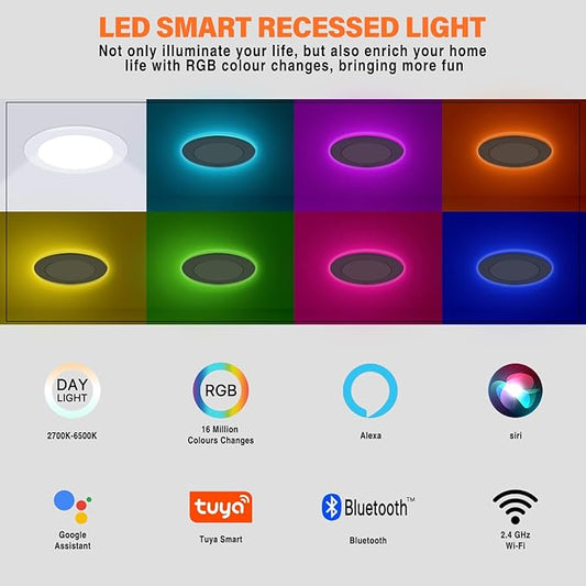 6Pack Smart RGB Recessed Light 6Inch,Ultra-Thin Canless LED Downlight,2.4GHz Wi-Fi Bluetooth Direct Connect,2700K-6500K,12W,1080LM,Work with App/Alexa/Google Assistant/Siri