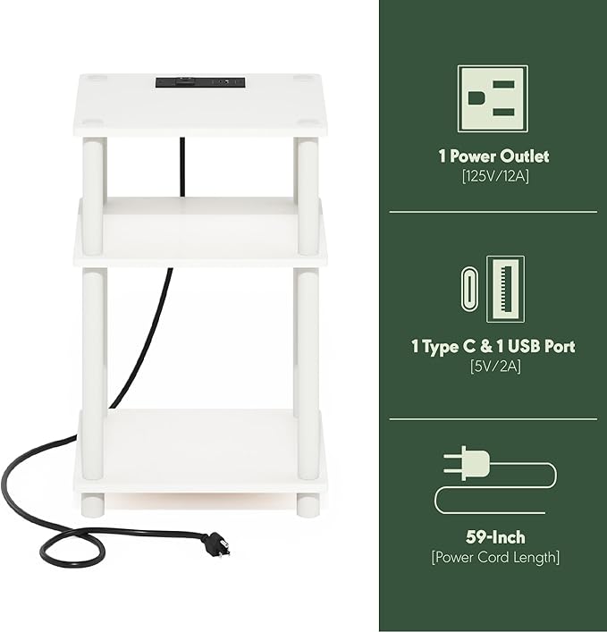 Furinno JUST Side Table, 3-Tier Modern End Table with Charging Station, Easy Assembly Night Stand, Bedside Table with USB and Type-C Charging Port, for Living Room, Bedroom, White