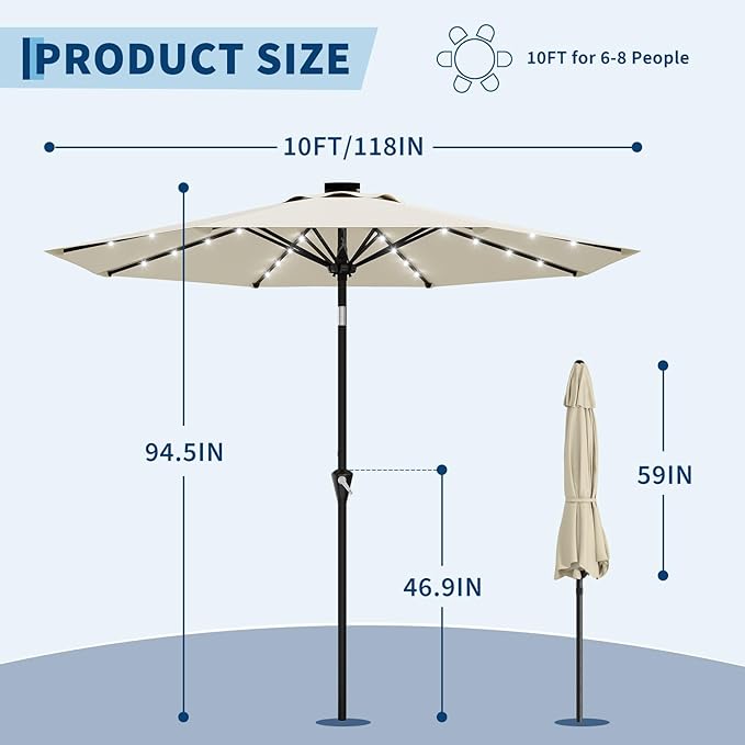 Garvee 10FT Solar Patio Umbrella with 32 LED Lights - Outdoor Table Umbrella with Crank Lift, Push Button Tilt and 8 Sturdy Ribs - Market Umbrella UV Protection for Pool, Deck, Yard, Garden -Beige