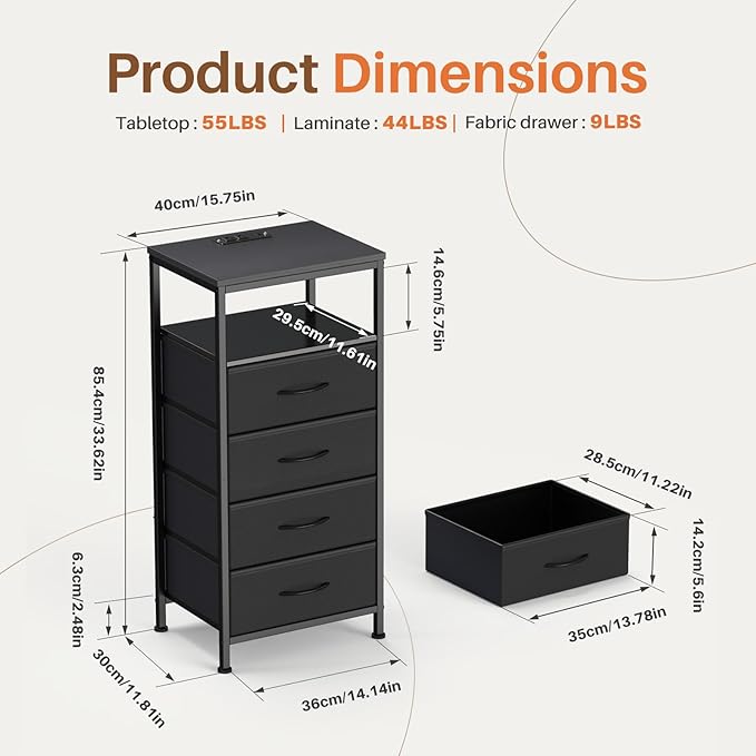 Sweetcrispy Nightstand with Charging Station, Bedside End Table with 4 Fabric Drawers & USB/Type-C Ports and Outlets, Night Stand for Bedroom Furniture, Adjustable Feet and Variable Light Strip, Black