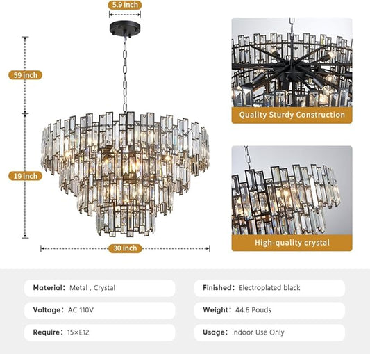 Crystal Contemporary Chandelier Foyer Entryway Lighting, 4-Tier Large Foyer Entrance Chandeliers for High Ceiling Big Crystal Chandelier (Dia 30 inch 15 Lights) Black