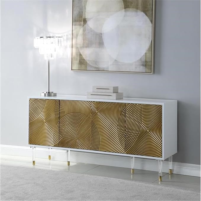Meridian Furniture Bellissimo Collection Modern | Contemporary Lacquer Sideboard/Buffet Tipped Acrylic Legs Wood Design, 64" W x 18" D x 31" H, White/Gold