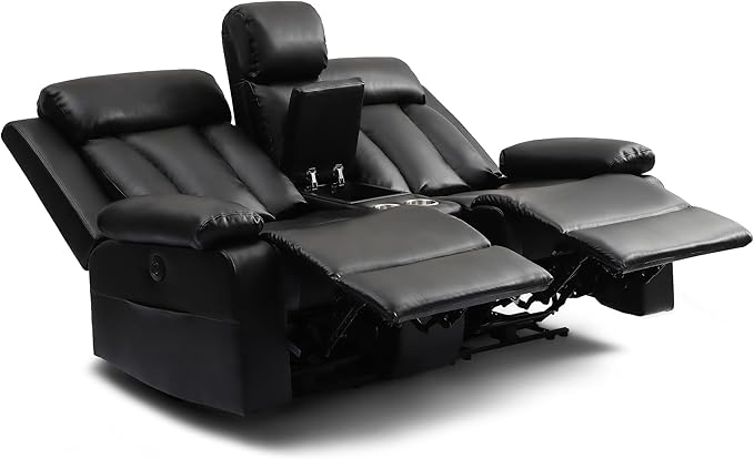 Power Reclining Loveseat with Console and Cup Holders,Leather Electric Recliner Sofa with USB & Type-C Ports, Storage Armrest and Lumbar Pillow,Wall Hugger Couch for Living Room RV (Black, 2 Seats)
