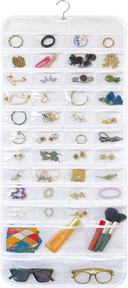 Bloss Hanging Jewelry Organizer With 90 Pockets,Earring Holder Organizer Storage For Valentine's Day Gift,Double-Sided Jewelry Holder for Earrings, Necklaces, Rings on Closet,Wall,Door(White)