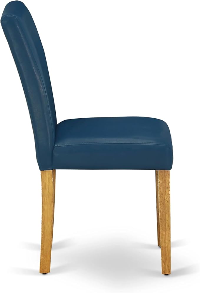 East West Furniture ANAB5-OAK-55 5 Piece Dining Room Table Set Includes a Round Kitchen Table with Pedestal and 4 Oasis Blue Faux Leather Upholstered Parson Chairs, 36x36 Inch, Oak