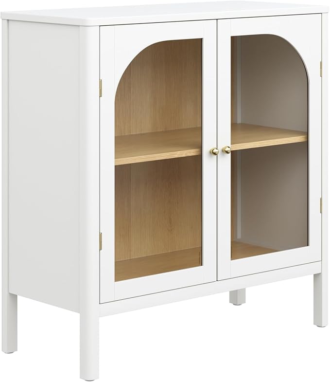 Nathan James Mason Wood Storage Cabinet Accent Sideboard Buffet Credenza TV Stand with Glass Doors and Adjustable Shelf for Dining Room, Entryway or Living Room, Clear Glass/White/Light Oak, Set of 4