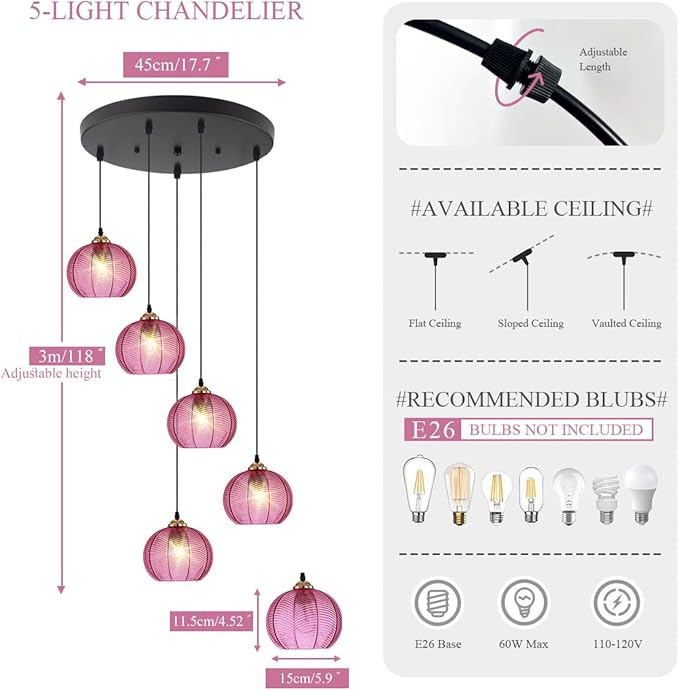 High Ceiling Long Pendant Light Fixtures Modern Stairwell Chandelier Glass Cluster Ceiling Hanging Light with Purple Globe Shade for Spiral Stairwell Entryway Foyer Living Room, Adjustable