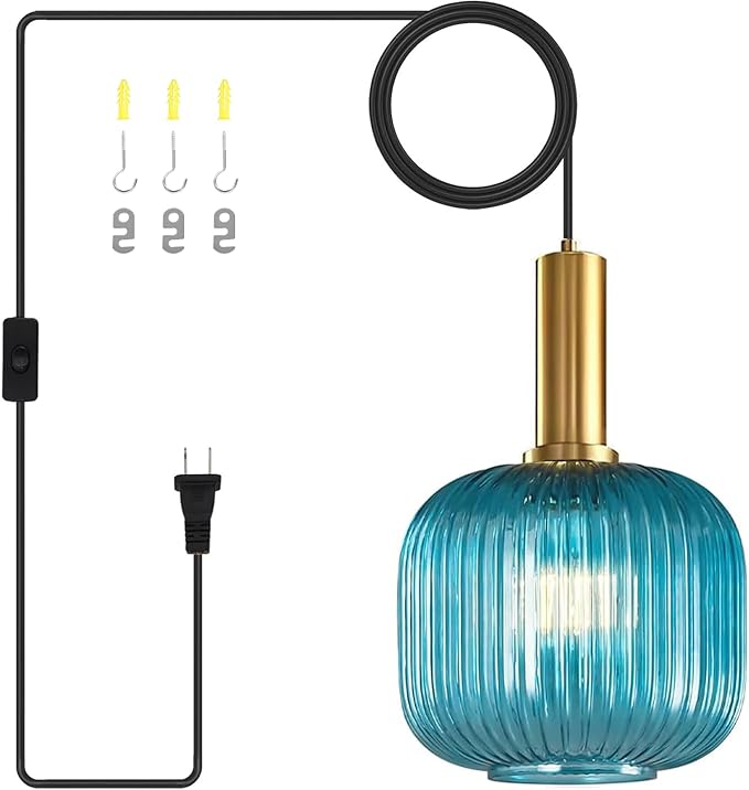 Plug in Pendant Light, Blue Ribbed Glass Hanging Lamp with Plug in Cord Adjustable, Coastal Plug in Hanging Light with On/Off Switch for Kitchen Dining Room Living Room Bedroom