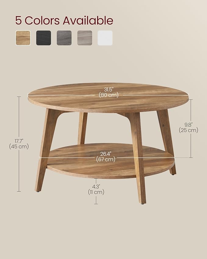 VASAGLE MAEZO Collection - Round Coffee Table, 2-Tier Center Table with Storage, Tapered Legs, Curved Transitions, 31.5 Dia. x 17.7 H Inches, Easy Assembly, for Living Room, Honey Brown ULCT243K41