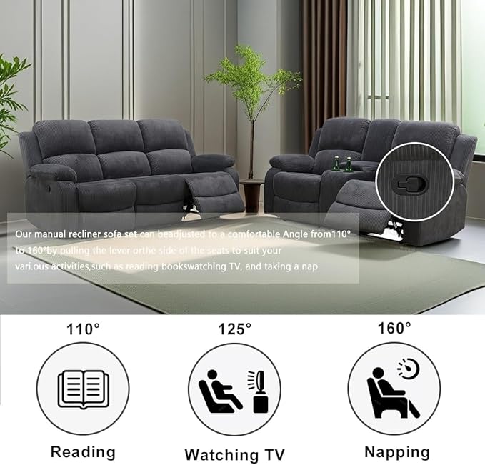 Fabric Recliner Sofa Set in 2 Pieces Living Room Furniture Sets Modern Loveseat Couch Set Manual Reclining Sofa Set with Cup Holders/Storage Console for Living Room/Rv Car (Grey,Sofa+Loveseat)