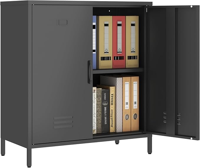 Metal Storage Cabinet with 2 Door, Steel Locker Sideboard Buffet Cabinet Console Table for Home Office (Black, H35.43'')
