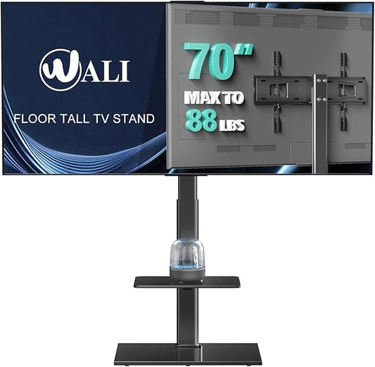 WALI TV Floor Stand for 32-70inch TVs up to 88lbs, Universal Floor TV Stand Mount, Swivel and Height Adjustable Tall TV Stand with Tempered Glass Base and Shelf for Living Room,Bedroom,Office(TVDVD-6)