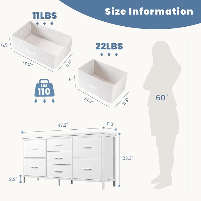 DUMOS TV Stand 7 Drawer Dresser for Bedroom with Storage TV Stands for Living Room White, Farmhouse Entertainment Center Media Console Table with Metal Frame Adjustable Feet