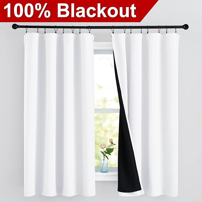 NICETOWN White 100% Blackout Curtains, 2 Thick Layers Completely Blackout Rod Pocket Thermal Insulated Drapes for Kitchen/Bedroom (1 Pair, 52 inches Width x 63 inches Length Each Panel)