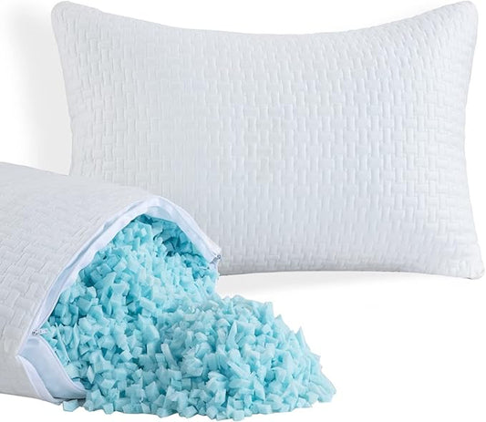 HOMBYS 2 Pcs Extra Firm Bed Pillows for Sleeping, Shredded Memory Foam Pillows Queen Size, for Side, Back, Stomach Sleepers, 40% Viscose Made from Bamboo Cooling Cover