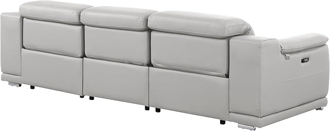 Blackjack Furniture Venice Top Grain Italian Leather Power Recline 3 Piece Sofa - 107" Theater Seating Modern Couch for Living Room Apartment Home with Adjustable Headrests & USB Port, Light Grey