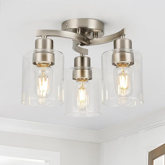 WILON Semi Flush Mount Ceiling Light Fixture, 3-Light Brushed Nickel Light Fixture with Clear Glass Shade, Modern Chandelier Small Ceiling Lamp for Kitchen Hallway Entry Way Bedroom Foyer Dining Room