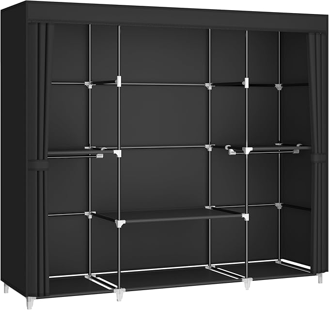 64.5" Closet Wardrobe, Portable Closet for Bedroom, Freestanding Clothes Rack with Non-Woven Fabric Cover, 5 Hanging Rods, 6 Storage Shelves, Clothes Storage Organizer, Black