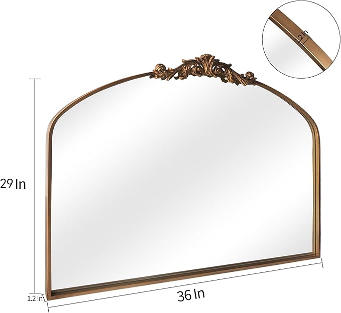 Gold Wall Mirror, Large Arched Vintage Baroque Ornate Mirrors, Traditional Decorative Antique Brass Mirror for Entryway, Living Room, Bedroom, Bathroom Vanity, Fireplace Mantel(Gold,29"x36")