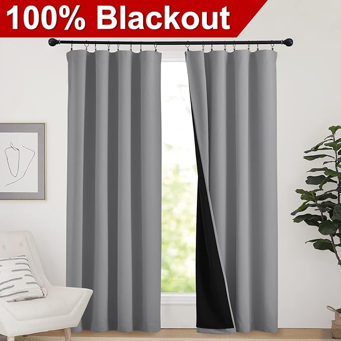 NICETOWN Blackout Curtains for Bedroom, Pair of Energy Smart & Noise Blocking Out Full Shade Curtain Panels, Thermal Insulated Guest Room Rod Pocket Window Dressing(Silver Grey, 52 x 84 inch)