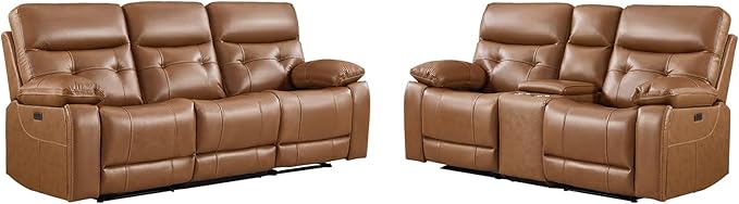 CANMOV Genuine Leather Power Reclining Sofa Set, Power Recliner Sofa and Loveseat Set, 2 Pieces Leather Couch with Storage Console, USB Ports, Cup Holders for Living Room,Brown