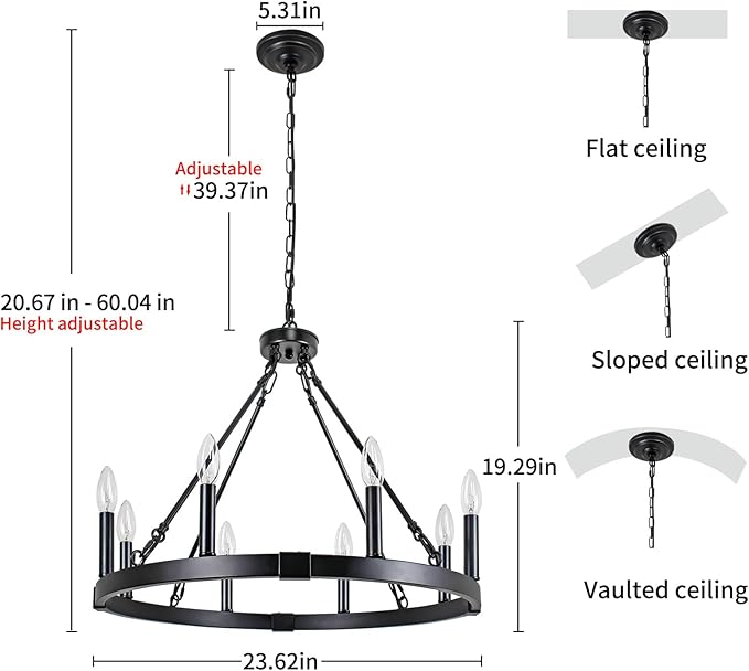 8 Light Wagon Wheel Chandelier, 23.6" Rustic Farmhouse Chandelier, Industrial Vintage Round Pendant Lighting for Dining Room Kitchen Living Room Foyer, E12 Socket