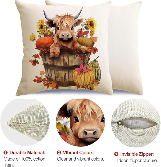RABUSOFA Fall Decor Pillow Covers 18x18 Inch Highland Cow Autumn Decorations for Home Outdoor Thanksgiving Hello Pumpkin Sunflower Decor Decorative Throw Pillow Cases for Couch Burnt Orange