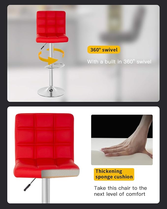 BestOffice Modern Bar Stool Set of 2 Barstools Height Adjustable Counter Height Swivel Bar Stool PU Leather Bar Chairs Hydraulic Dining Room Chairs Home Kitchen Stools (Red)