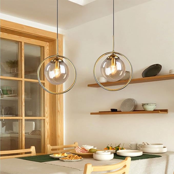 BOKT Modern 1-Light Globe Pendant Light Mid Century Amber Glass Ball Pendant Lighting Brushed Gold Single Round Circle Hanging Lamp Kitchen Island Dining Room Pendant Light Fixture