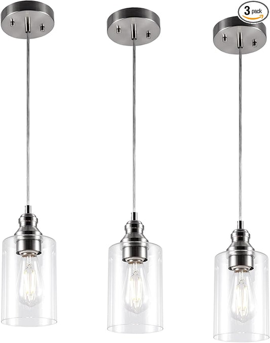 Pendant Light Fixture, Adjustable Hanging Ceiling Lights, Anti-Rust Metal Hanging Light Fixtures with Clear Glass, Modern Pendant Lighting for Kitchen Island Living Room, Nickel, 3-Pack