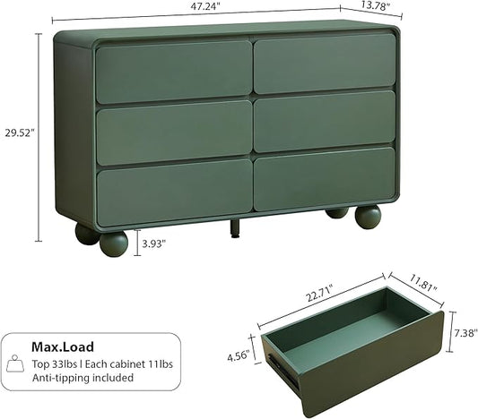 AVZEAR Modern 6 Drawer Green Dresser for Kids Bedroom, 48" Wide Wooden Dresser Chest of Drawers, Handle Free & Curved Profile Design, Mid Century Closet Clothes Storage Organizer for Living Room
