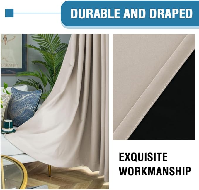 H.VERSAILTEX 100% Blackout Curtains for Bedroom Thermal Insulated Blackout Curtains 84 inch Length Heat and Full Light Blocking Curtains for Living Room with Black Liner 2 Panels Set, Natural