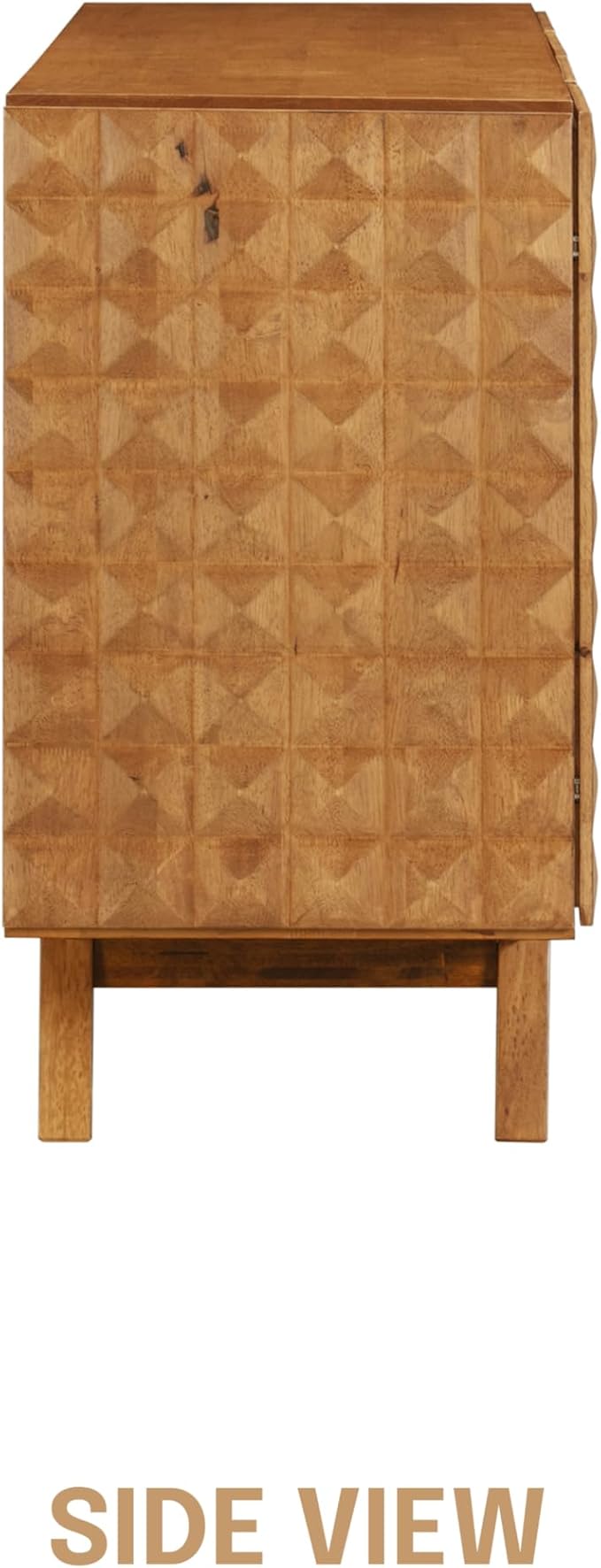 NTC Sapa Mid-Century Modern Solid Wood Sideboard – 4-Door Accent Buffet Cabinet with Carved Geometric Fronts, for Living Room, or Entryway, Effortless Assembly, Teak Look