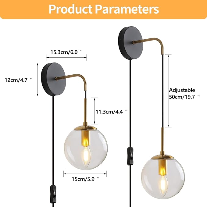 Wall Sconces Set of Two Black and Brass Plug in Wall Sconces Set of 2 with Globe Clear Glass Shade Wall Lights Wall Lamps for Bedrooms Sconces Wall Decor Set of 2 with Plug in Cord Switch