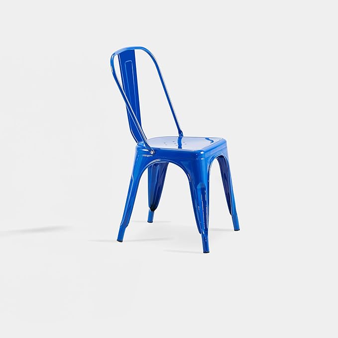 AC Pacific 18 Inch Seat Height Industrial Metal Dining Chairs, Stackable Kitchen or Bar Seat, Durable Modern Design, Versatile Accent Furniture, Set of 4, Blue