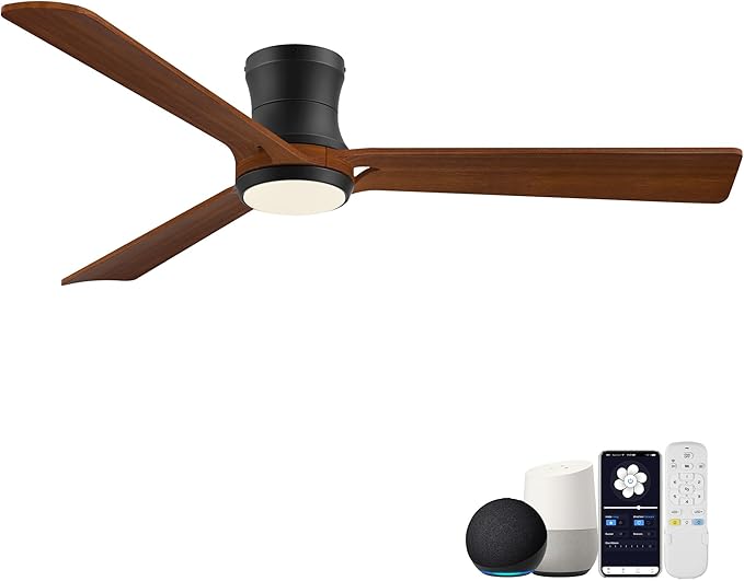 52in Smart Ceiling Fans with Lights,Low Profile Modern Wood Ceiling Fans,Remote/APP/Alexa Control,Outdoor Indoor Flush Mount Ceiling fan,for Patio Bedroom Farmhouse,3 Walnut Blade,Reversible,Quiet