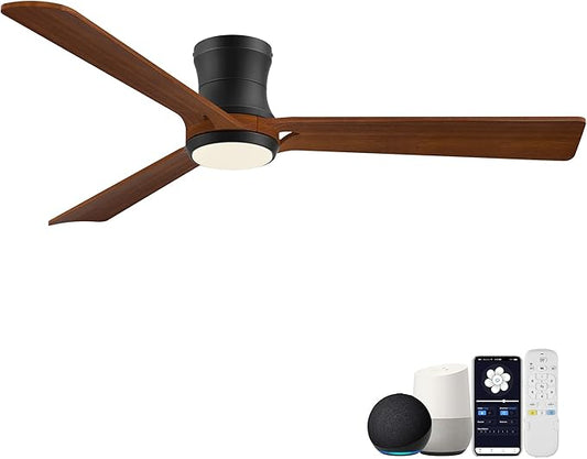 52in Smart Ceiling Fans with Lights,Low Profile Modern Wood Ceiling Fans,Remote/APP/Alexa Control,Outdoor Indoor Flush Mount Ceiling fan,for Patio Bedroom Farmhouse,3 Walnut Blade,Reversible,Quiet